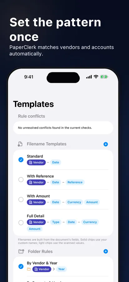 Filename template and folder rule editor