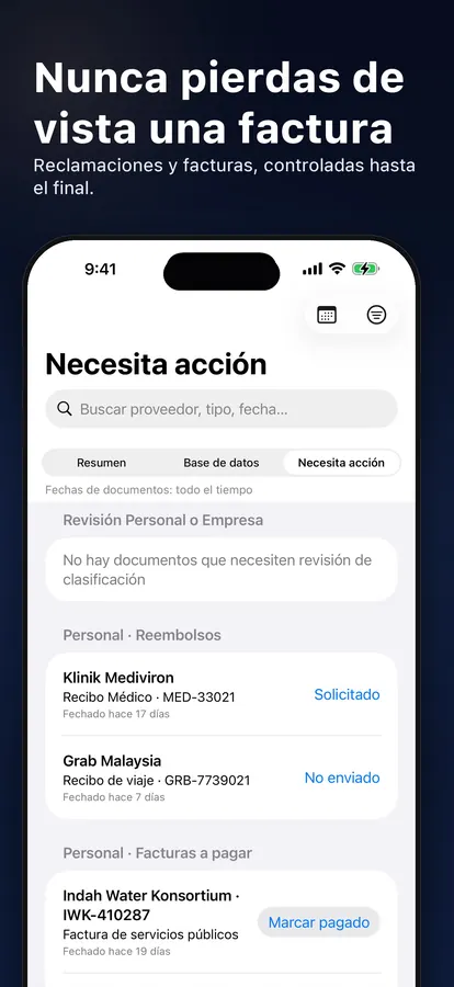 Lista Necesita acción con facturas por pagar y reembolsos por enviar
