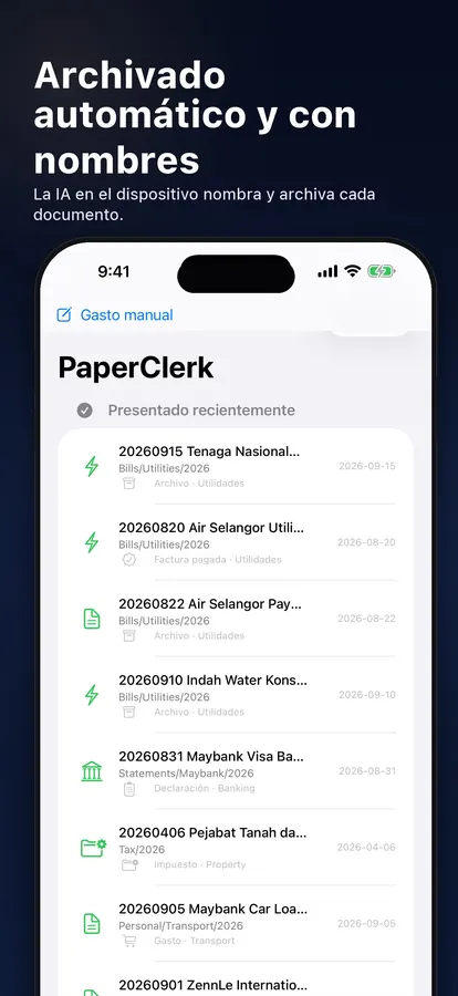 Lista de archivos con documentos nombrados y archivados automáticamente
