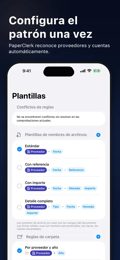 Editor de plantillas de nombre y reglas de carpeta