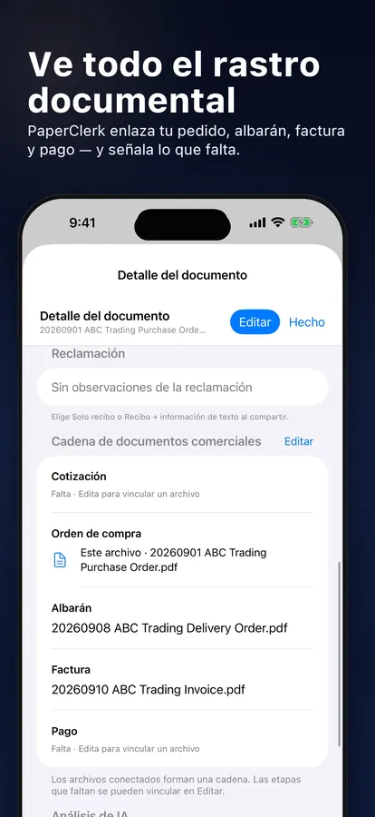Cadena de documentos comerciales que vincula presupuesto, factura y pago