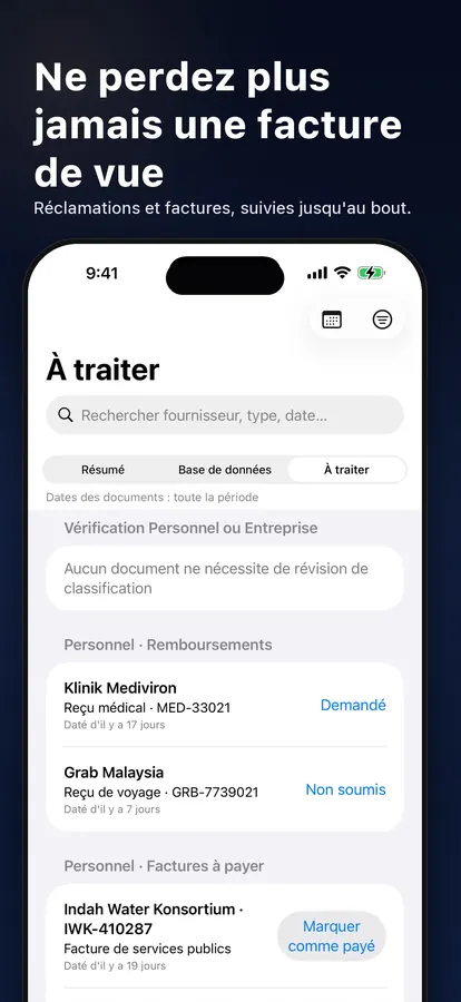 Liste À traiter avec les factures à payer et les remboursements à envoyer