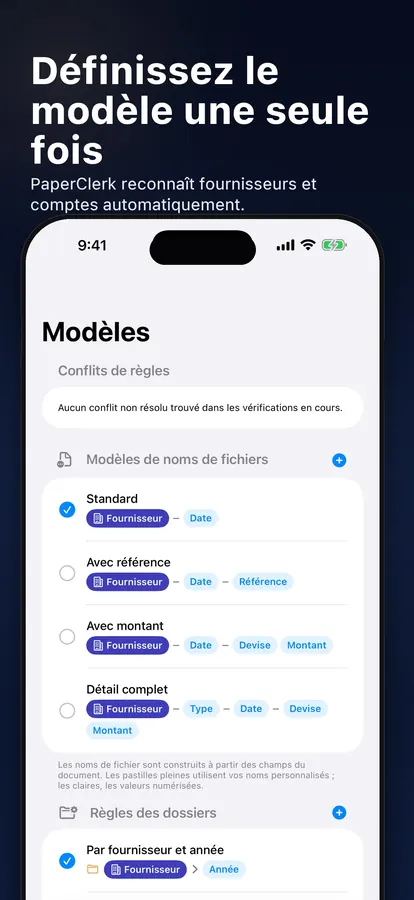 Éditeur de modèles de nom et de règles de dossier
