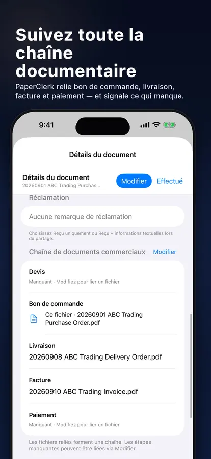 Chaîne de documents professionnels reliant devis, facture et paiement