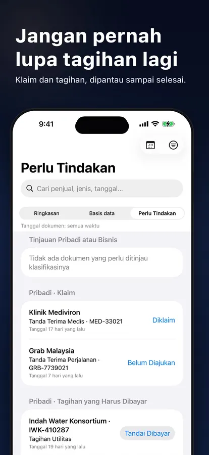 Daftar Perlu Tindakan untuk tagihan yang harus dibayar dan klaim yang harus diajukan