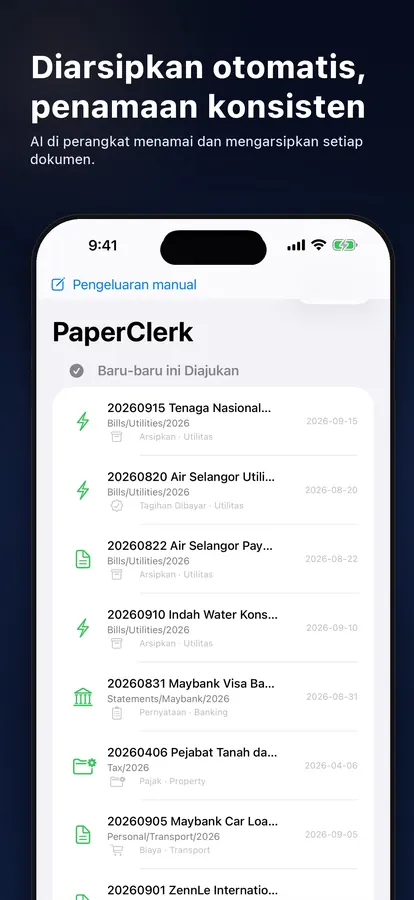 Daftar berkas dengan dokumen yang diberi nama dan diarsipkan otomatis