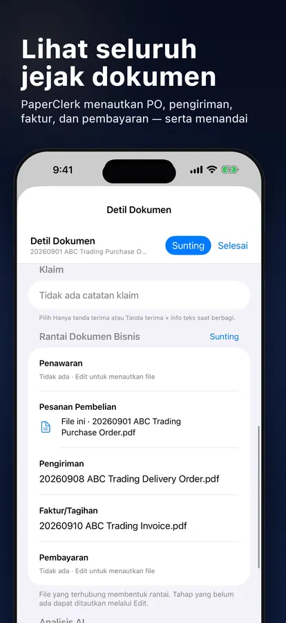 Rantai dokumen bisnis yang menghubungkan penawaran, faktur, dan pembayaran