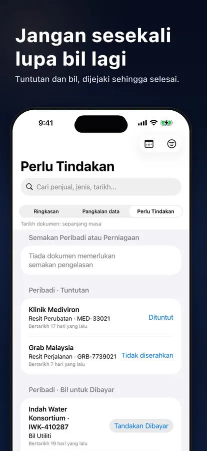 Senarai Perlu Tindakan untuk bil yang perlu dibayar dan tuntutan yang perlu dihantar