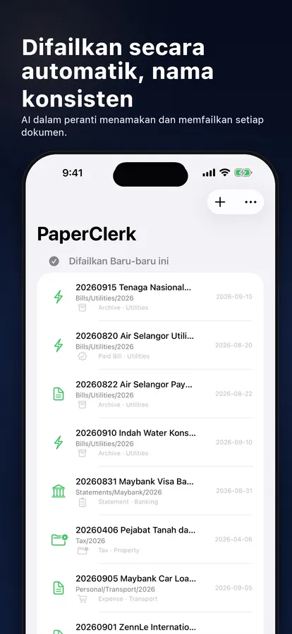 Senarai fail dengan dokumen yang dinamakan dan difailkan secara automatik