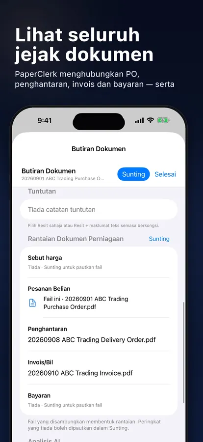 Rantaian dokumen perniagaan yang memautkan sebut harga, invois dan bayaran