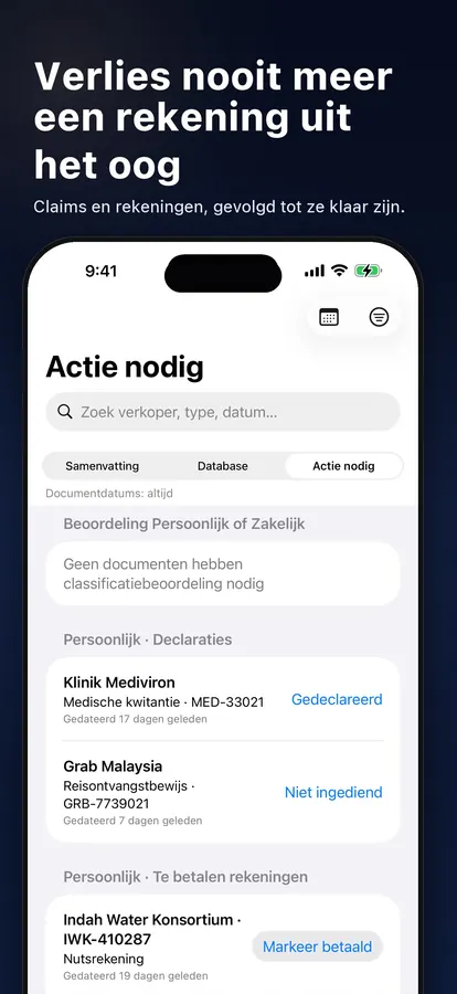 Lijst Actie nodig met te betalen rekeningen en in te dienen declaraties