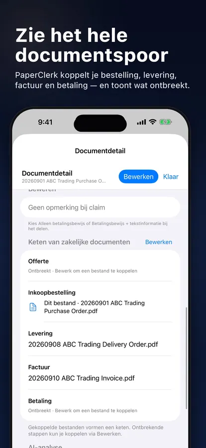 Zakelijke documentketen met gekoppelde offerte, factuur en betaling