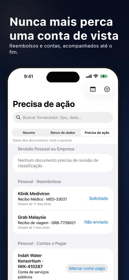Lista Ação necessária com contas a pagar e reembolsos a enviar