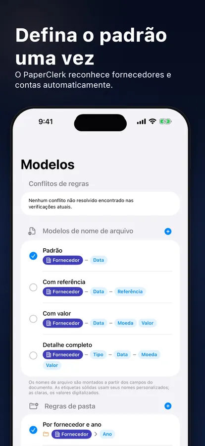 Editor de modelos de nome de arquivo e regras de pasta