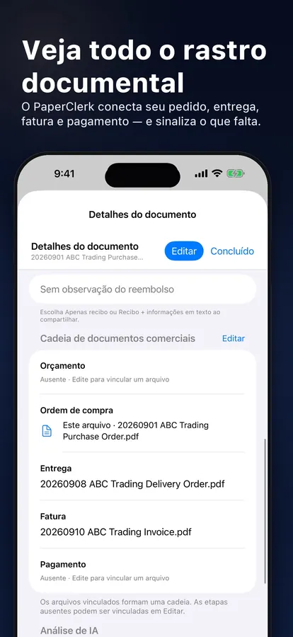 Cadeia de documentos comerciais com orçamento, nota fiscal e pagamento vinculados