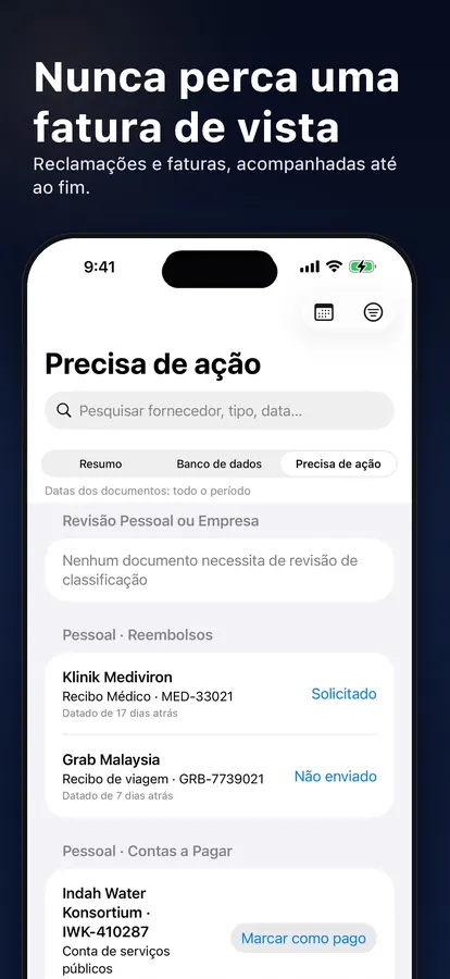 Lista Ação necessária com contas por pagar e despesas por reclamar