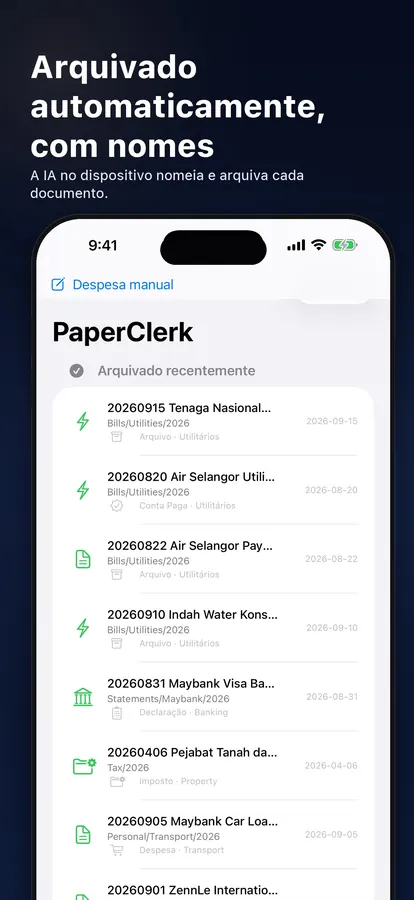 Lista de ficheiros com documentos nomeados e arquivados automaticamente