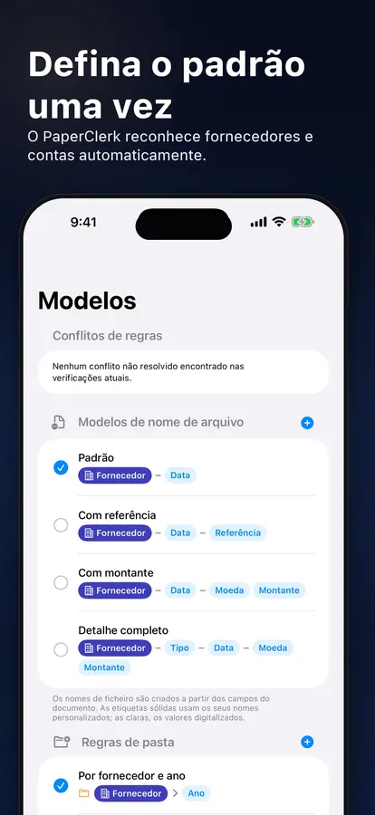 Editor de modelos de nomes de ficheiro e regras de pastas