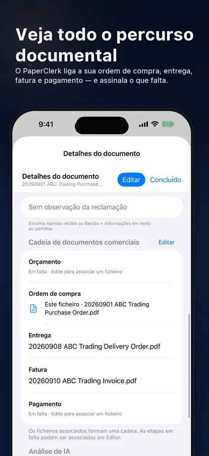 Cadeia documental empresarial com orçamento, fatura e pagamento associados